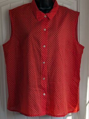 Cada Red White Polka Dot Sleeveless Button Down Blouse XXL